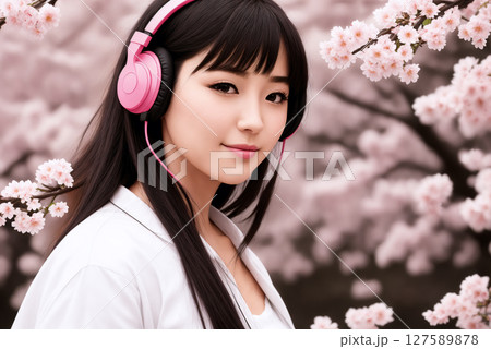 Portrait of a beautiful woman with headphones on a background of sakura blossoms. Generative AI. Portrait of a beautiful woman with headphones on a background of sakura blossoms. Generative AI. 127589878