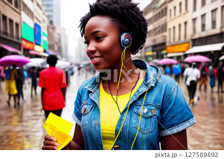 Portrait of a beautiful girl in headphones, rainy city street as a background. Generative AI. 127589892