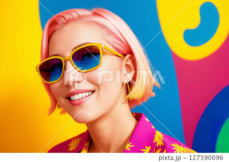 Portrait of a woman with colorful hair and sunglasses on a abstract painted background, summer vibrancy. Generative AI. Portrait of a woman with colorful hair and sunglasses on a abstract painted background, summer vibrancy. Generative AI. 127590096