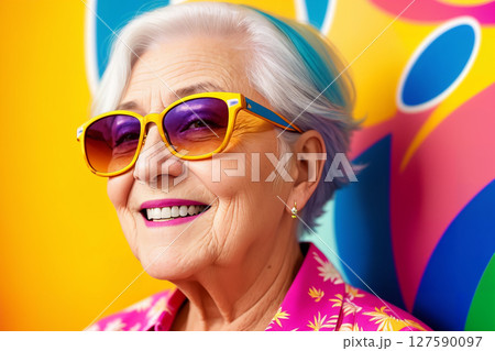 Portrait of an elderly caucasian woman with bright colored hair and sunglasses on the background of an abstract painting, summer brightness. Generative AI. 127590097