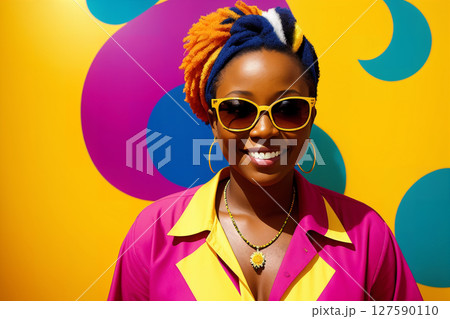 Portrait of an african woman with colorful mohawk hair and sunglasses on abstract painted background, summer vibrancy. Generative AI. 127590110
