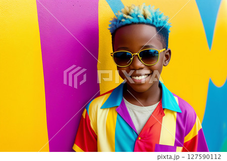 Portrait of an african boy on a colorful background, summer brightness. Generative AI. 127590112