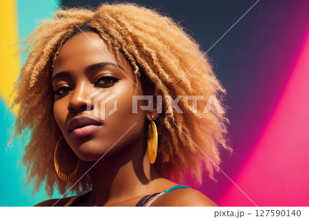 A beautiful african american woman portrait on a colorful background. Generative AI. 127590140