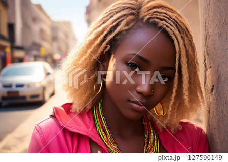 A beautiful african american woman portrait, city street as background. Generative AI. 127590149