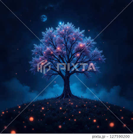 fantasy landscape with lonely tree and stars in the sky, infrared photography, 5g network concept 127590200