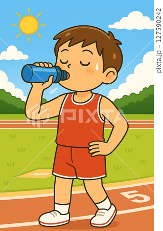 小学生男子の陸上競技での熱中症予防イラスト 127590242