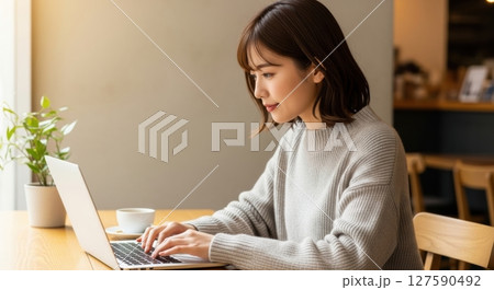 リビングでパソコンをする若い女性 127590492