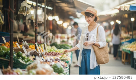 東南アジアのマルシェで買い物する笑顔の女性素材   127590495