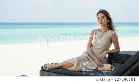 青い海を背景にした女性のサマーポートレート 127590501