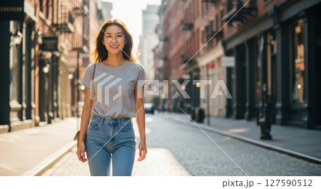フランス、ニースのカフェ街を歩く上品な女性 127590512