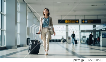 空港でスーツケースを引く女性旅行者 127590516