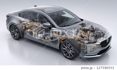 A photorealistic cutaway view of a sleek, non-branded modern car, revealing its intricate interior and mechanical systems in sharp detail. Generative AI A photorealistic cutaway view of a sleek, non-branded modern car, revealing its intricate interior and mechanical systems in sharp detail. Generative AI 127590553