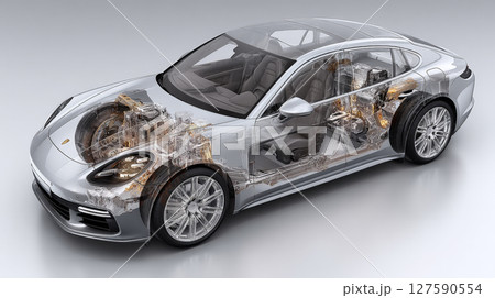 A photorealistic cutaway view of a sleek, non-branded modern car, revealing its intricate interior and mechanical systems in sharp detail. Generative AI A photorealistic cutaway view of a sleek, non-branded modern car, revealing its intricate interior and mechanical systems in sharp detail. Generative AI 127590554