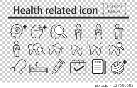 醫院相關圖標，如頭痛、腦部檢查、骨折和注射器 127590592