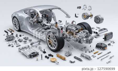 Modern Performance Car - Exploded 3D Technical View. Generative AI 127590699