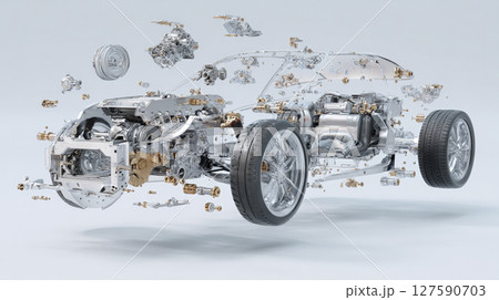 Modern Performance Car - Exploded 3D Technical View. Generative AI 127590703