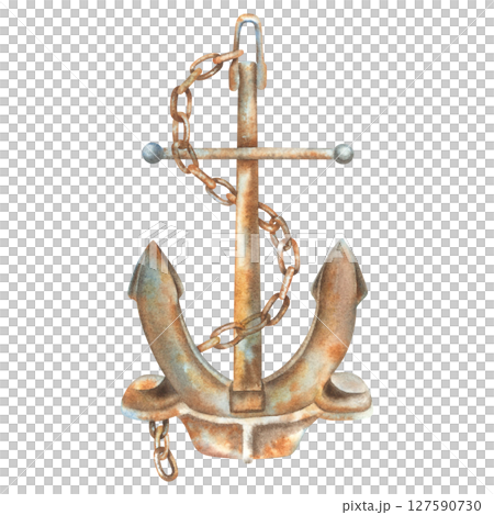 Rusty anchor wrapped in a chain. Hand drawn watercolor illustration of important part of the ship isolated background. A drawing for a print or icon design. For children's postcards. Marine style. 127590730