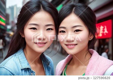 Portrait of a beautiful asian girls, city street as a background. Generative AI. 127590820