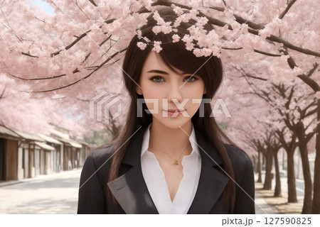 Portrait of a beautiful woman on a background of city street and sakura blossoms. Generative AI. 127590825