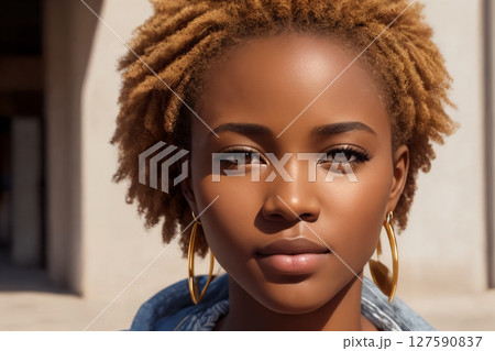 A beautiful african american woman portrait, city street as background. Generative AI. 127590837