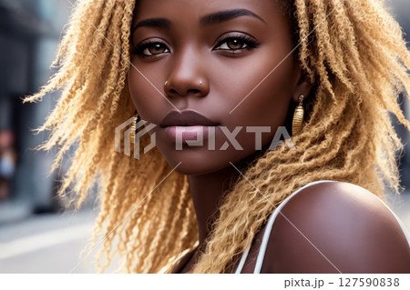 A beautiful african american woman portrait, city street as background. Generative AI. 127590838