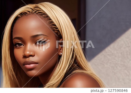 A beautiful african american woman portrait, city street as background. Generative AI. 127590846