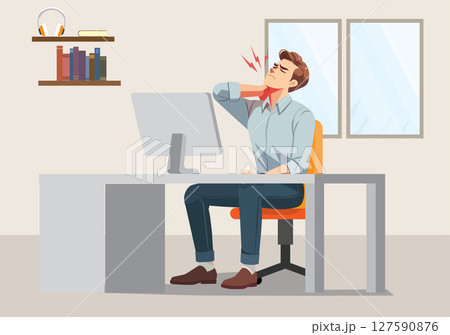 Illustration of a man sitting holding his neck, indicating pain in his cervical spine. 127590876
