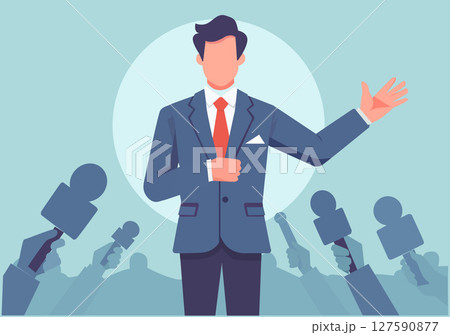 Illustration of a man in a suit giving an interview to the media. 127590877