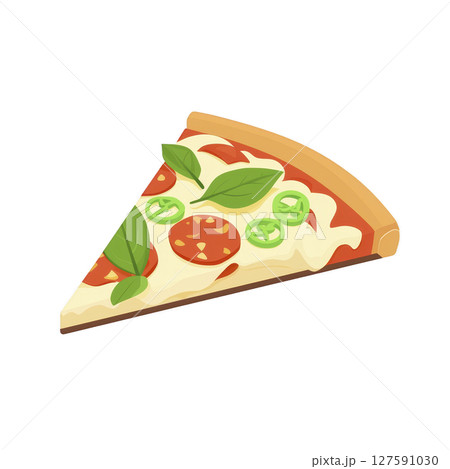 Slice of delicious pizza topped with pepperoni, green peppers, fresh basil, and melted cheese on crispy crust. Perfect for quick snack or meal 127591030