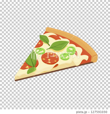 Slice of delicious pizza topped with pepperoni, green peppers, fresh basil, and melted cheese on crispy crust. Perfect for quick snack or meal 127591030