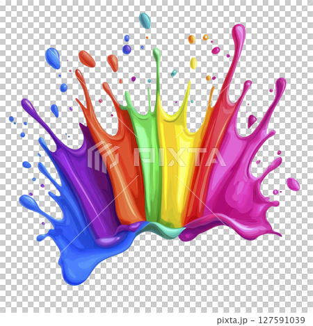 Vibrant splash of colorful paint creates dynamic and energetic visual, featuring spectrum of hues including red, orange, yellow, green, blue, and purple 127591039