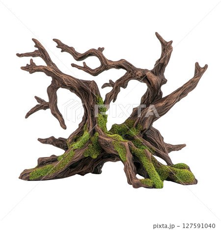 Piece of driftwood with intricate branches and green moss creates natural, rustic aesthetic. Ideal for aquariums or terrariums, it adds texture and touch of nature to any setting 127591040