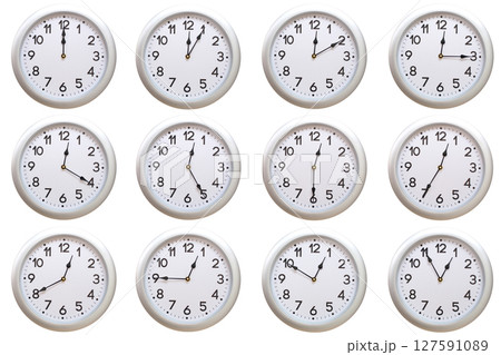 A set of 12 Round Silver Wall Clocks Showing 00:00 to 00:55 or 12:00 to 12:55 Isolated-White. Useful for concepts like noon, midnight, deadline, countdown, or time management. A set of 12 Round Silver Wall Clocks Showing 00:00 to 00:55 or 12:00 to 12:55 Isolated-White. Useful for concepts like noon, midnight, deadline, countdown, or time management. 127591089
