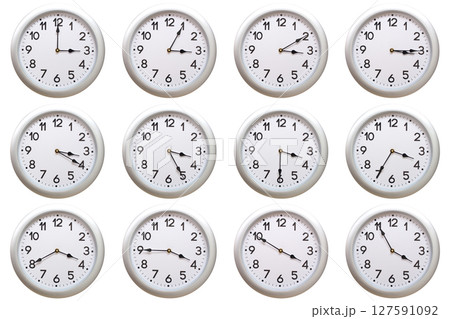 A set of 12 Round Silver Wall Clocks Showing 03:00 to 03:55 or 15:00 to 15:55 Isolated-White. Useful for concepts like noon, midnight, deadline, countdown, or time management. A set of 12 Round Silver Wall Clocks Showing 03:00 to 03:55 or 15:00 to 15:55 Isolated-White. Useful for concepts like noon, midnight, deadline, countdown, or time management. 127591092