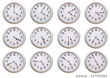 A set of 12 Round Silver Wall Clocks Showing 04:00 to 04:55 or 16:00 to 16:55 Isolated-White. Useful for concepts like noon, midnight, deadline, countdown, or time management. 127591093