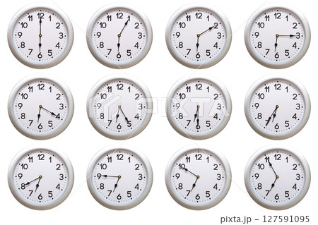 A set of 12 Round Silver Wall Clocks Showing 06:00 to 06:55 or 18:00 to 18:55 Isolated-White. Useful for concepts like noon, midnight, deadline, countdown, or time management. A set of 12 Round Silver Wall Clocks Showing 06:00 to 06:55 or 18:00 to 18:55 Isolated-White. Useful for concepts like noon, midnight, deadline, countdown, or time management. 127591095