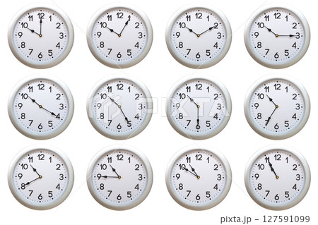A set of 12 Round Silver Wall Clocks Showing 10:00 to 10:55 or 22:00 to 22:55 Isolated-White. Useful for concepts like noon, midnight, deadline, countdown, or time management. A set of 12 Round Silver Wall Clocks Showing 10:00 to 10:55 or 22:00 to 22:55 Isolated-White. Useful for concepts like noon, midnight, deadline, countdown, or time management. 127591099