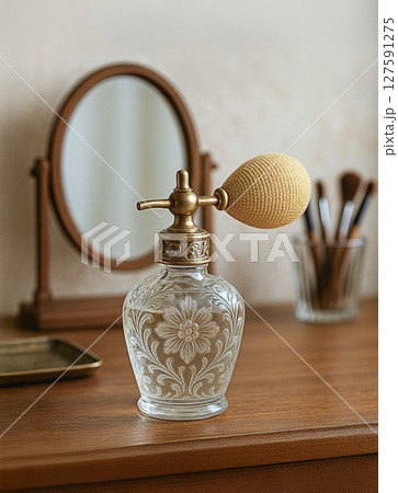 化粧台の上のアンティークな香水瓶 127591275