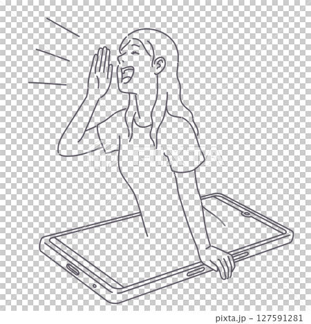 Smiling woman shouting from her smartphone, lines only Smiling woman shouting from her smartphone, lines only 127591281