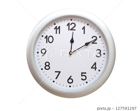 Round Silver Wall Clock Showing 00:10 or 12:10 Isolated-White. Useful for concepts like noon, midnight, deadline, countdown, or time management. 127591297
