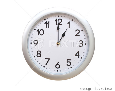 Round Silver Wall Clock Showing 01:00 or 13:00 Isolated-White. Useful for concepts like noon, midnight, deadline, countdown, or time management. Round Silver Wall Clock Showing 01:00 or 13:00 Isolated-White. Useful for concepts like noon, midnight, deadline, countdown, or time management. 127591308