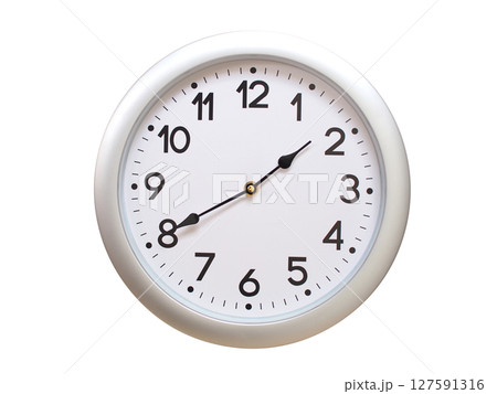 Round Silver Wall Clock Showing 01:40 or 13:40 Isolated-White. Useful for concepts like noon, midnight, deadline, countdown, or time management. 127591316
