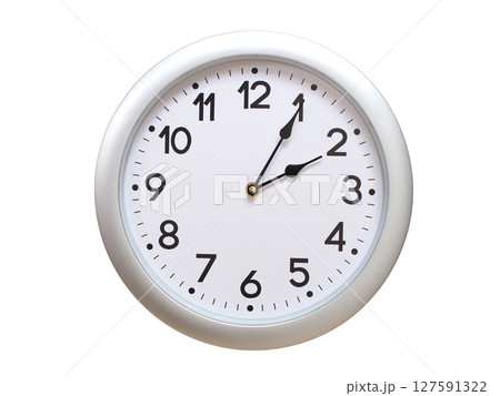 Round Silver Wall Clock Showing 02:05 or 14:05 Isolated-White. Useful for concepts like noon, midnight, deadline, countdown, or time management. Round Silver Wall Clock Showing 02:05 or 14:05 Isolated-White. Useful for concepts like noon, midnight, deadline, countdown, or time management. 127591322