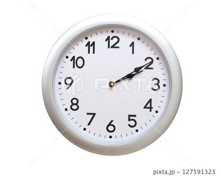 Round Silver Wall Clock Showing 02:10 or 14:10 Isolated-White. Useful for concepts like noon, midnight, deadline, countdown, or time management. Round Silver Wall Clock Showing 02:10 or 14:10 Isolated-White. Useful for concepts like noon, midnight, deadline, countdown, or time management. 127591323