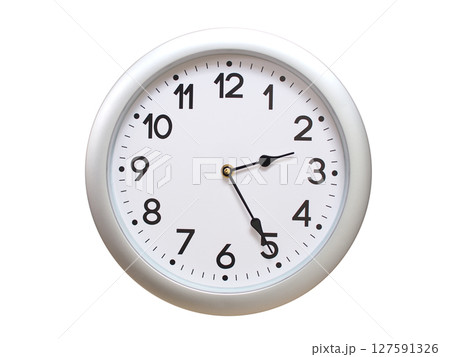 Round Silver Wall Clock Showing 02:25 or 14:25 Isolated-White. Useful for concepts like noon, midnight, deadline, countdown, or time management. 127591326