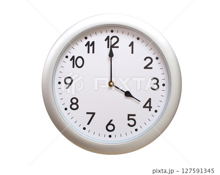 Round Silver Wall Clock Showing 04:00 or 16:00 Isolated-White. Useful for concepts like noon, midnight, deadline, countdown, or time management. Round Silver Wall Clock Showing 04:00 or 16:00 Isolated-White. Useful for concepts like noon, midnight, deadline, countdown, or time management. 127591345