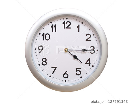 Round Silver Wall Clock Showing 04:15 or 16:15 Isolated-White. Useful for concepts like noon, midnight, deadline, countdown, or time management. 127591348