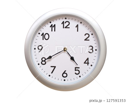Round Silver Wall Clock Showing 04:40 or 16:40 Isolated-White. Useful for concepts like noon, midnight, deadline, countdown, or time management. Round Silver Wall Clock Showing 04:40 or 16:40 Isolated-White. Useful for concepts like noon, midnight, deadline, countdown, or time management. 127591353