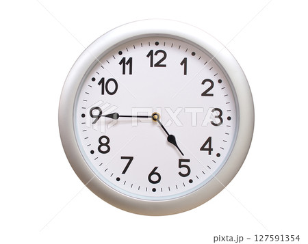 Round Silver Wall Clock Showing 04:45 or 16:45 Isolated-White. Useful for concepts like noon, midnight, deadline, countdown, or time management. Round Silver Wall Clock Showing 04:45 or 16:45 Isolated-White. Useful for concepts like noon, midnight, deadline, countdown, or time management. 127591354