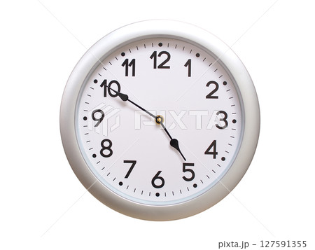 Round Silver Wall Clock Showing 04:50 or 16:50 Isolated-White. Useful for concepts like noon, midnight, deadline, countdown, or time management. 127591355